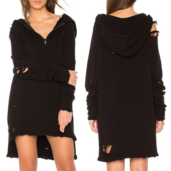 Hudson x Baja East Dresses & Skirts - Hudson X Baja East Revolve Distressed Half Zip Hooded Sweatshirt Dress Black M